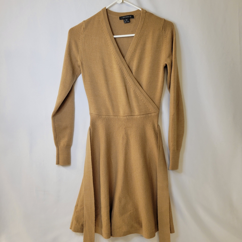 FRENCH CONNECTION Long Sleeve Faux Wrap Sweater Dress - Camel Melange